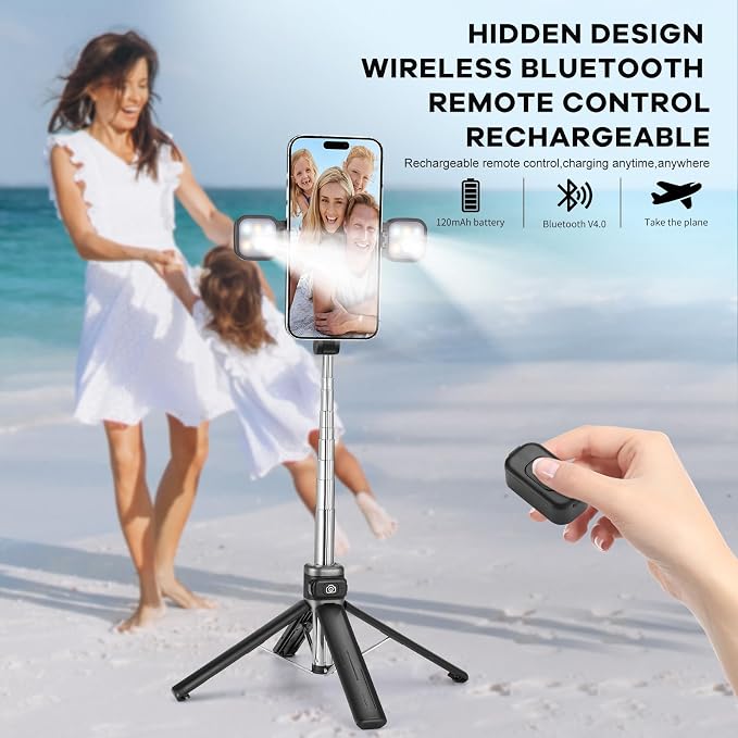 MQOUNY Mini iPhone Tripod Stand & Selfie Stick with Wireless Remote & Removable Light, Extendable Stand 360 Rotation Compatible with iPhone & Android Samsung (Black) - Image 5
