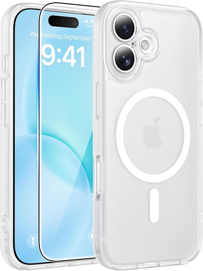 FNTCASE for iPhone 16 Case, Fit for Magsafe, Screen Protector, White | Full Camera Protection, Translucent Matte, 14FT Military Grade Drop Proof, Shockproof Protective Phone Cover by FNTCASE