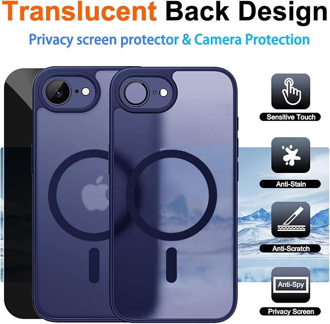 Magnetic for iPhone 17e Case & iPhone 16e Case, Blue | Full Camera Protection, Privacy Screen Protector, Compatible with MagSafe, Translucent Matte Shockproof Cover for 17 e 16 e - Image 2