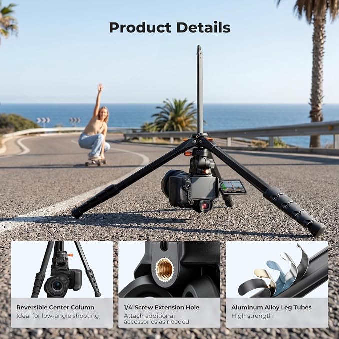 K&F CONCEPT 63" Camera Tripod with Fluid Head | Aluminum Travel Tripod, Smooth Pan/Tilt for DSLR/Mirrorless/Camcorder, Max Load 6.6lb, A305A1+FH-04 - Image 7