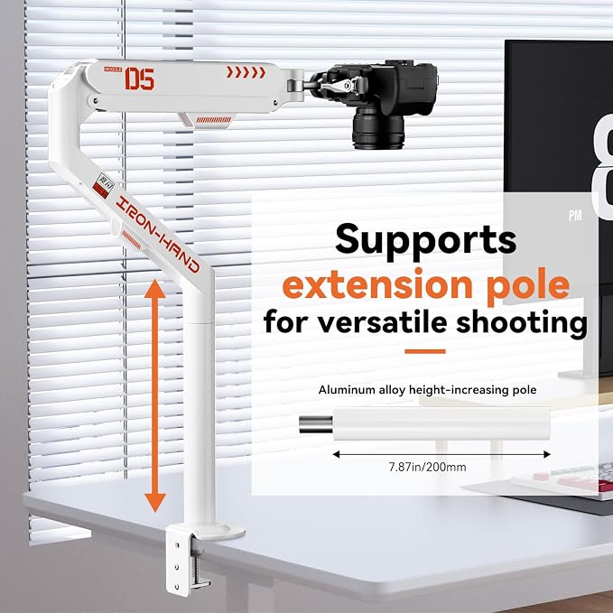JINRAIKO Overhead Camera Mount with 360° Adjustable Arm & Phone Holder for TikTok Live Streaming Photography Studio Content Creation, Desk Mount for for DSLR Camera/Webcam/Microphone, White - Image 3