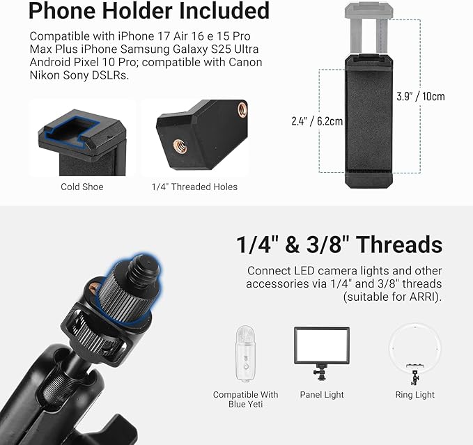 NEEWER Basics Magic Arm Table Stand, 55 cm Microphone Arm Overhead Mobile Phone Holder Desk with 1/4" 3/8" Threads for ARRI, for DSLR Action Cam Webcam Mic LED Light for Video Reinforcement, UA061 - Image 7