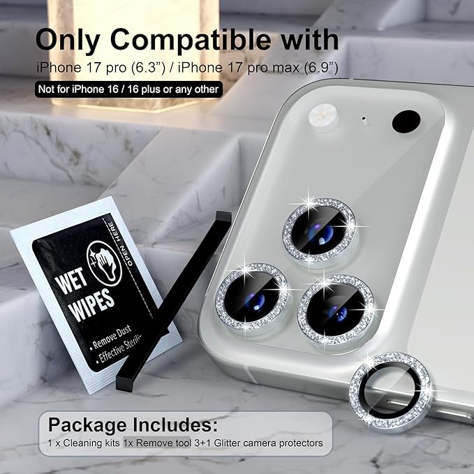 Choiche for iPhone 17 Pro/iPhone 17 Pro Max Camera Lens Protector | Ultra HD, Bling 9H Tempered Glass Camera Cover Screen Protector Metal Ring Decoration Accessories (Glitter-Silver) - Image 2