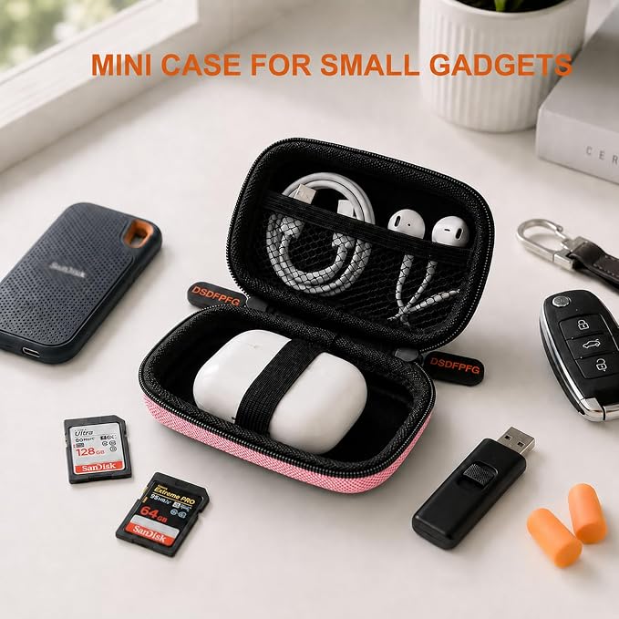 Pink Mini Hard Earbud Case, Small Portable Rectangle Carrying Case Pouch | Small Hard Case for Apple Airpods, Earpods, Samsung Galaxy Buds, Earbuds, Earplugs, In Ear Monitor, USB Cable, Flash Drive - Image 4