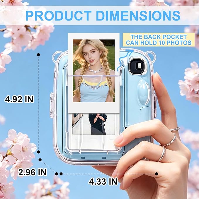Clear Camera Case for Fujifilm Instax Mini 13, Blue Camera Strap | Protective Cover with Anti-Accidental Shutter, 4 Composition Cards, Photo Storage Holds 10 Films,Clear Hard Shell, No Camera - Image 2