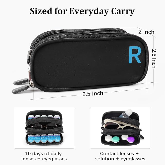WOMACO Contact Lens and Glasses Organizer Case, 2-in-1 Travel Pouch for Daily Disposable Contacts and Eyeglasses, L/R Compartments, Soft Lining, Storage up to 10 Lens (Black, Medium) - Image 7