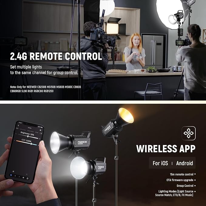 NEEWER FS230B LED Studio Video Light, 230W Bi Colour COB Continuous Lighting with 2.4G/APP Control, 110000Lux/m, 2700K-6500K, CRI 97+, Bowens Mount, Cleaning Cloth for Photography Video Recording - Image 7