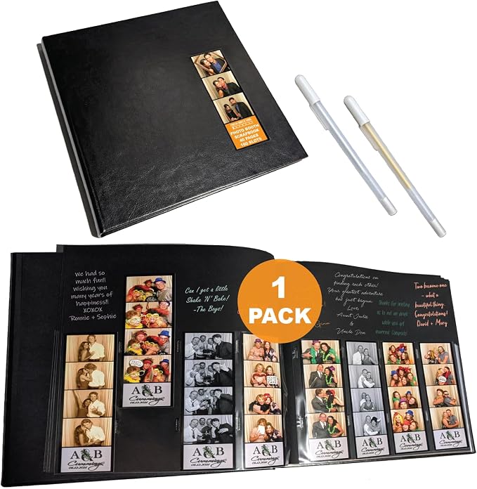 2x6 Photo Strip Album, Black Cover Black Pages, 2 Gel Pens | Leather-cover photo strip scrapbook journal holds 2x6 photos. Album guest book for weddings, graduations, anniversaries. by PhotoBoothNook