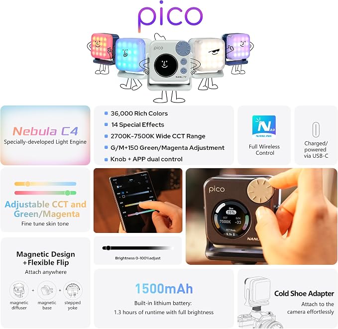 Nanlite Pico Portable LED Fill Light – Full Color RGB | Snap-On Attachment for Phone/Camera Photography, Live Streaming, Video Content Creation - Image 4