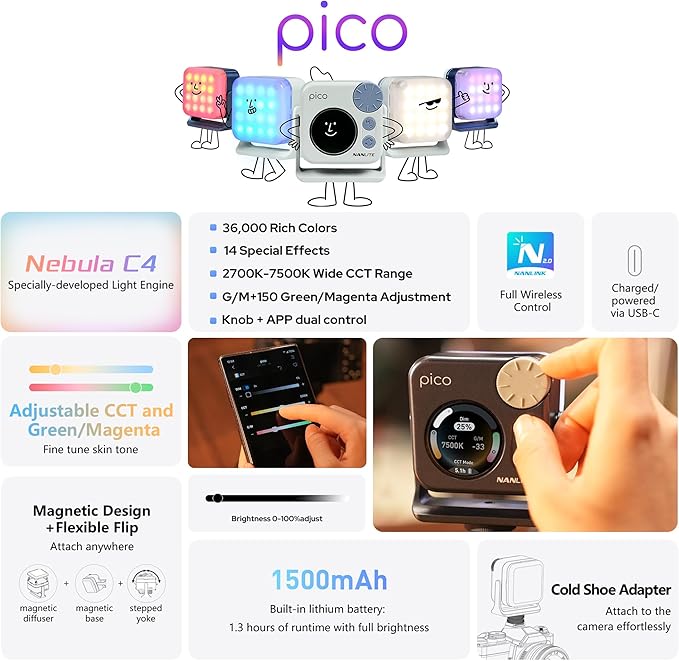 Nanlite Pico Portable LED Fill Light – Full Color RGB (Mint Blue) | Snap-On Attachment for Phone/Camera Photography, Live Streaming, Video Content Creation - Image 4