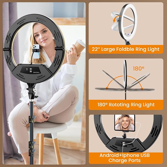 18" Ring Light with Stand: Touch Screen LED Display & 60" Tall Tripod, | 3 Color modes 6500K / 2 USB Ports Foldable LED Big Ring Light Tripod for Live Stream,YouTube,TikTok Video Shooting - Image 3
