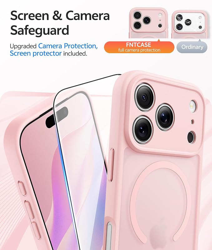 FNTCASE for iPhone 17 Pro Case, Fit for Magsafe, Screen Protector | Full Camera Protection, Translucent Matte, 14FT Military Grade Drop Proof, Shockproof Protective Phone Cover, Light Pink - Image 4