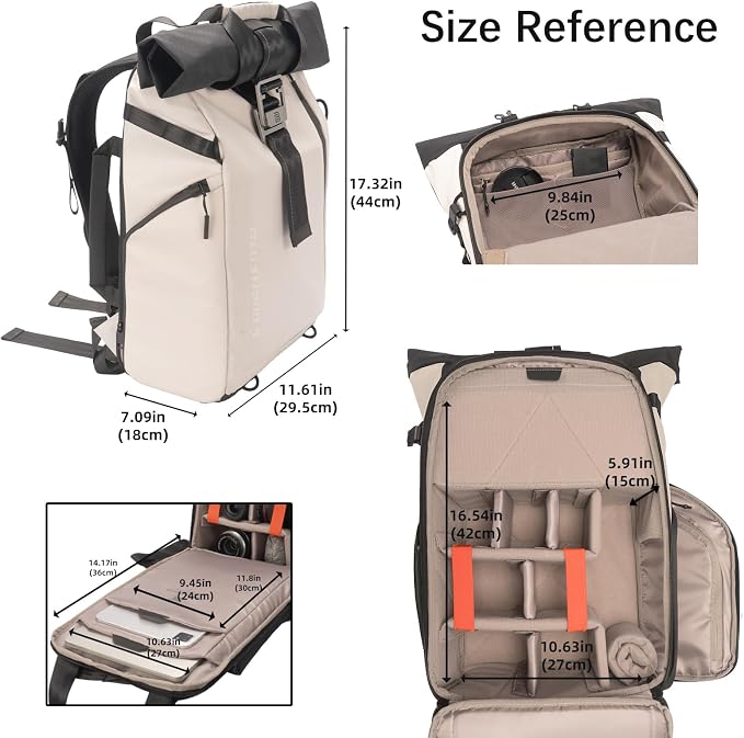Camera Backpack, Waterproof Travel Camera Bag for Photographer Expandable Roll Top Photography Case for DSLR SLR Mirrorless Camera Fit up to 15.6 inch Laptop with Rain Cover - Image 6