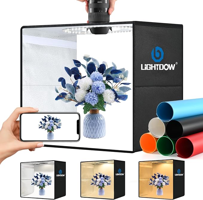 Lightdow 10"x10"x10" Photo Studio Light Box Photography with 96 LEDs (CRI>95), 6 Backdrops - Portable/Dimmable/Versatile Folding Shooting Tents for Toys/Jewelry/Watches/Cosmetics Photography by Lightdow
