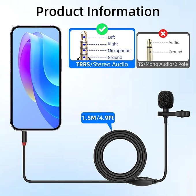 GELRHONR 3.5mm Lavalier Microphone, 3.5mm(1/8") TRRS Plug Invisible Lapel Microphone Wired for Phone, PC, Camera, Audio Recording, Game Streaming 4.9FT (TRRS) - Image 7
