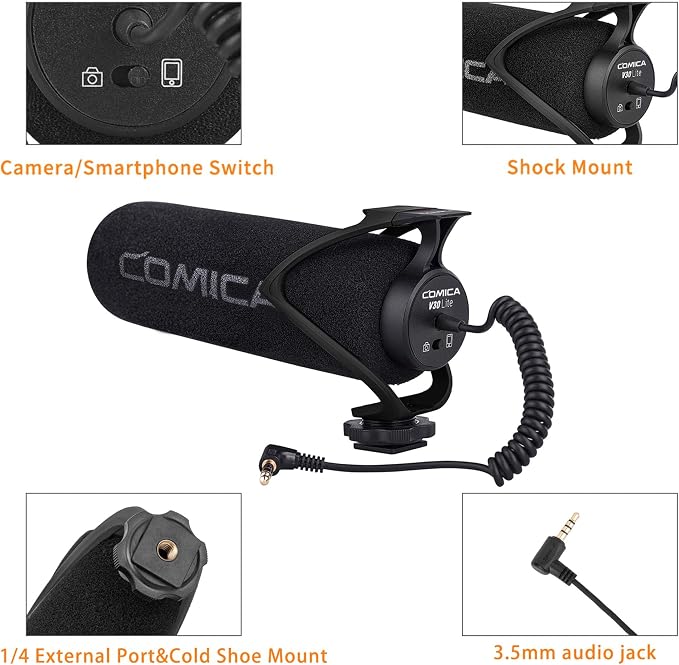 COMICA CVM-V30 LITE Video Microphone,Super-Cardioid Condenser On-Camera Shotgun Microphone for Canon Nikon Sony Panasonic DSLR Cameras,Mic for iPhone Android Smartphone with 3.5mm Jack(Black) - Image 5