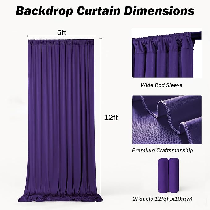 10x12 ft Deep Purple Backdrop Curtains for Weddings, Birthdays and Photos | 2 Panels 5x12 ft, Wrinkle-Free Polyester Drapes, Washable, Ironable, 4 in Rod Pocket for Baby Showers Photography Background - Image 8