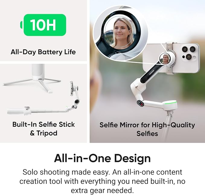 Insta360 Flow 2 Pro Vlog Bundle White - Foldable AI Phone Gimbal, Track in 200+ Apps with Apple DockKit, 360º Pan Tracking, Built-in Tripod/Selfie Stick, Remote Control, Spotlight/Backpack Mount - Image 4
