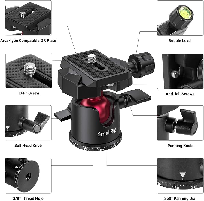 SmallRig Mini Ball Head with 360° Panoramic & Quick Release Plate - BUT2665 | with 1/4" Screw & 3/8" Thread Mount, Metal Ball Joint, Max Load 4.4lbs/2kg, Works for DSLR/for GoPro/Monopod/for Phone - Image 4