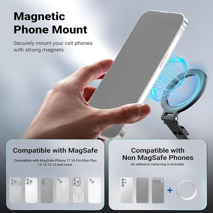 NEEWER Magnetic Tripod Phone Mount Cold Shoe Adapter, Aluminum Compact Lightweight Portable Phone Holder Attachment for Camera, Compatible with MagSafe iPhone Samsung Android Video Recording, CA163 - Image 3