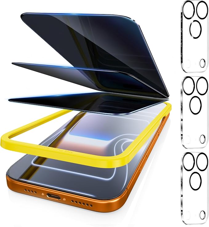 Fotbor [3+3 Pack Privacy Screen Protector for iPhone 17 Pro Max, 26° Anti-Spy & Blue Light Filter Tempered Glass with 3 Camera Lens Protectors, 3X Reinforced, Easy Alignment by Fotbor