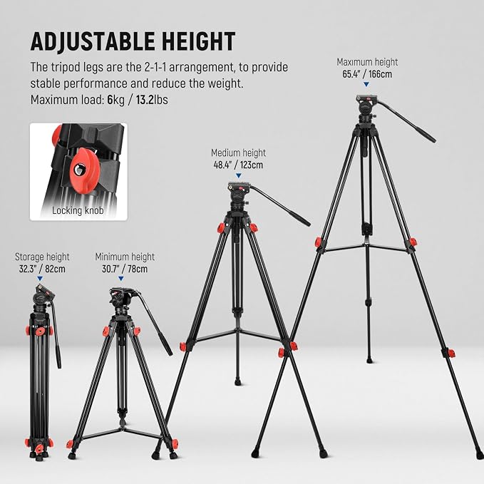 NEEWER Video Tripod with Fluid Head, Heavy Duty Aluminum Compact Portable Camera Tripod Stand for DSLR Camcorder Compatible with DJI Gimbals Compatible with Manfrotto QR Plates, Max Load 13.2 lb, TP73 - Image 2