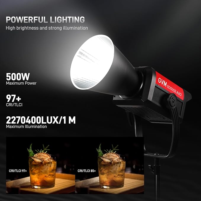 GVM 500W COB LED Video Light, APP Control, Bi-Color Continuous Output Lighting with Bowens Mount, 2700K-6800K, CRI/TLCI97+, 227040lux@1m, 12 Effects & 12 Sources for Studio Photography - Image 2