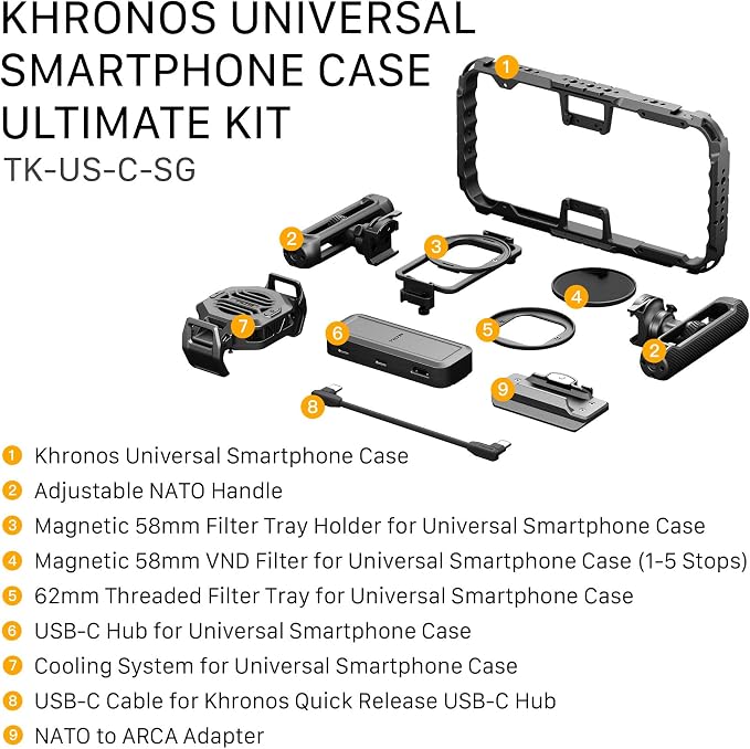 Tilta Khronos Universal Smartphone Case Ultimate Kit | USB-C Hub | Cooling System | Adjustable NATO Handle | ARCA Adapter | 58mm Variable ND Filter | 62mm Filter Tray | Filmmaking Cage | Space Gray - Image 9