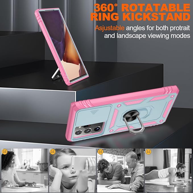 for Samsung Galaxy Note 20 Ultra Case with 2PCS Screen Protector, Build in 360° Rotating Ring Kickstand, Military Grade Protective Case for Samsung Note 20 Ultra Phone Green+Pink - Image 8