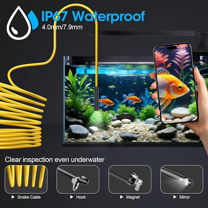 Endoscope with Light, 1920P HD Borescope with 8 Adjustable LED Lights, Semi-Rigid Snake Camera, IP67 Waterproof Inspection Tool (16.4ft, Yellow Harness + Single Lens) - Image 4