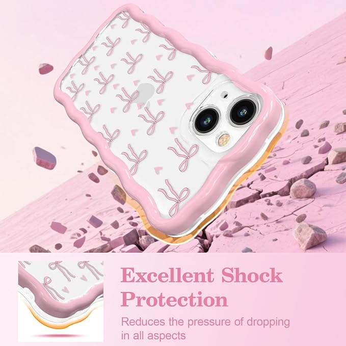 QLTYPRI for iPhone 15 Pink Bow Case, Clear Cute Pink Ribbon Bow Phone Case Curly Wavy Aesthetic Phone Cover, Soft Slim Transparent TPU Shockproof Protective Cover for Women Girls - Love Bow - Image 4