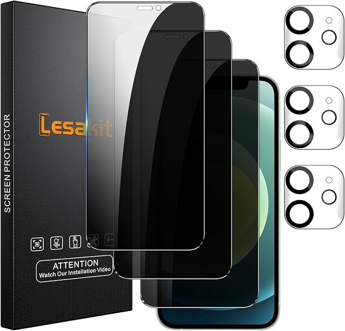 Lesakit 3+3 Pack Privacy Screen Protector for iPhone 12 6.1-Inch with 3 Pack Camera Lens Protector, Anti Spy Tempered Glass Film 9H Hardness Bubble Free Case Friendly by Lesakit