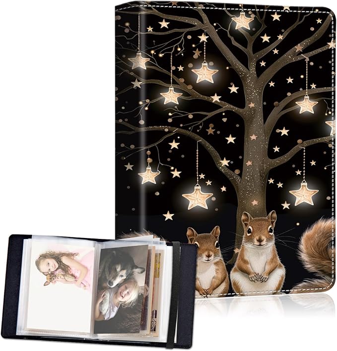 Small Photo Album 5x7, 60 Pockets Holds 120 Photos, Slip-in Pocket Photo Album with Black Elastic Band for Family Wedding Baby Travel Pictures, Stars Squirrels Under A Tree by Unknown