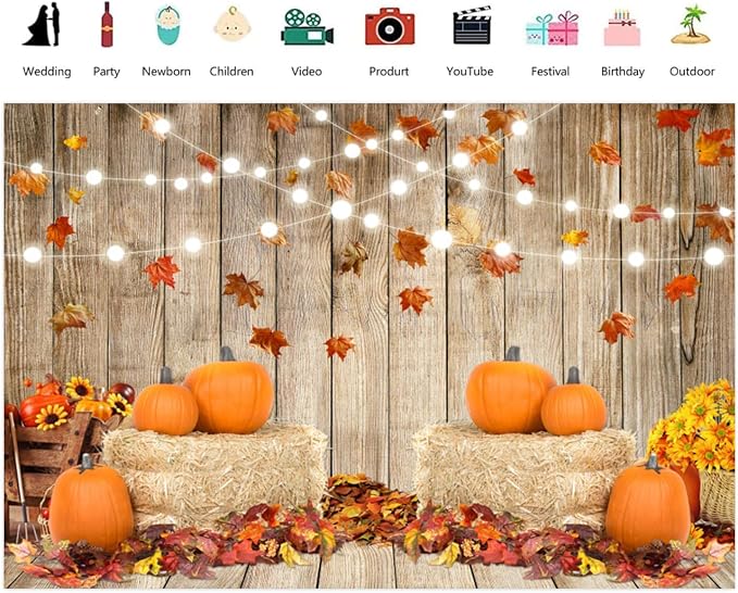 Autumn Thanksgiving Backdrop 10x8ft Rustic Barn Harvest Photography Background Barn Door Falling Maple Leaves Hay Bales Pumpkins Kids Baby Adult Portrait Shoot Fall Photo Booth Props - Image 2
