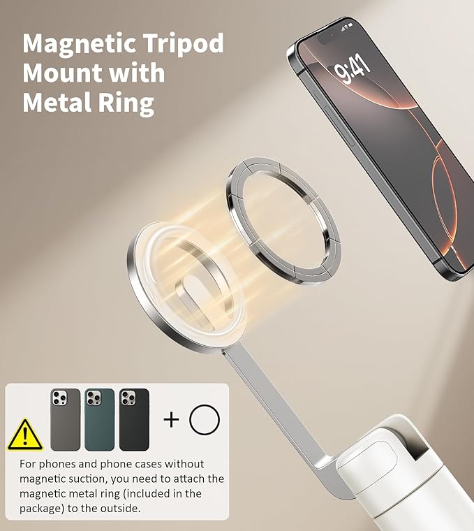 TONEOF 68" Magnetic Aluminum Phone Tripod Selfie Stick for iPhone & Android | Rechargeable Remote,360° Rotatable Foldable Cell Phone Stand Holder with Metal Ring,Travel Tripod for Magsafe (Beige Gray) - Image 2
