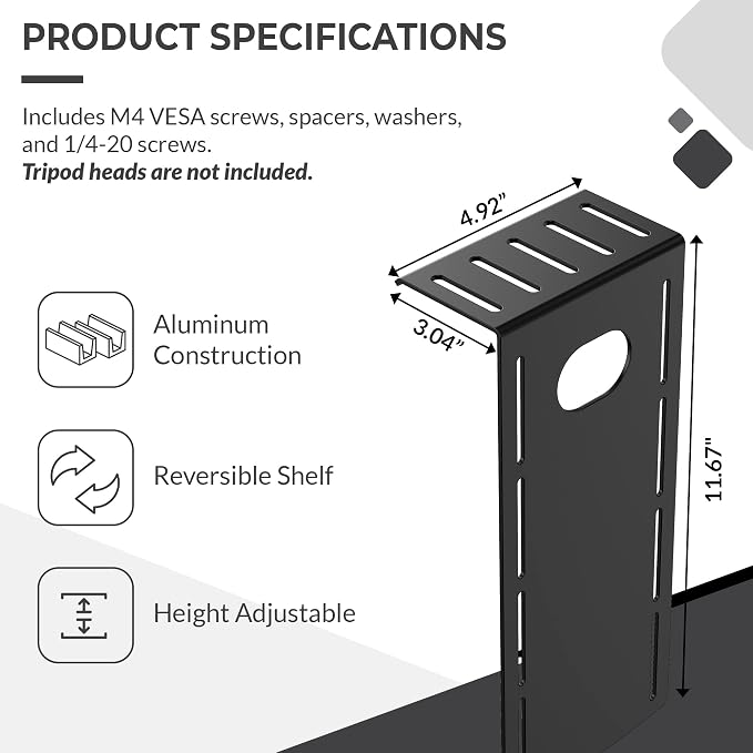HumanCentric DSLR Monitor Mount Small, Desk Camera Mounting | Light Webcam, Microphone Shelf for Monitor VESA Arm, Replace Clamp Tripods, 100x100mm Patterns, Aluminum, Hardware Included - Image 3