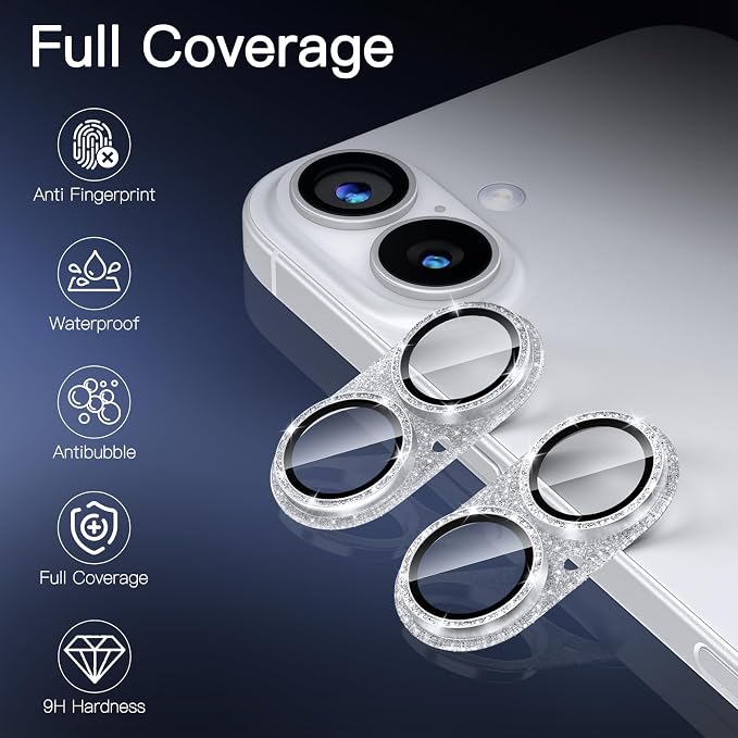 [2 Pack Bling Camera Lens Screen Protector for iPhone 17 with 9H Tempered Glass Aviation Aluminum Plate Cover Metal Ring,Night Circle,No Bubble,HD Clarity,Easy Installation-Glitter Silver - Image 2