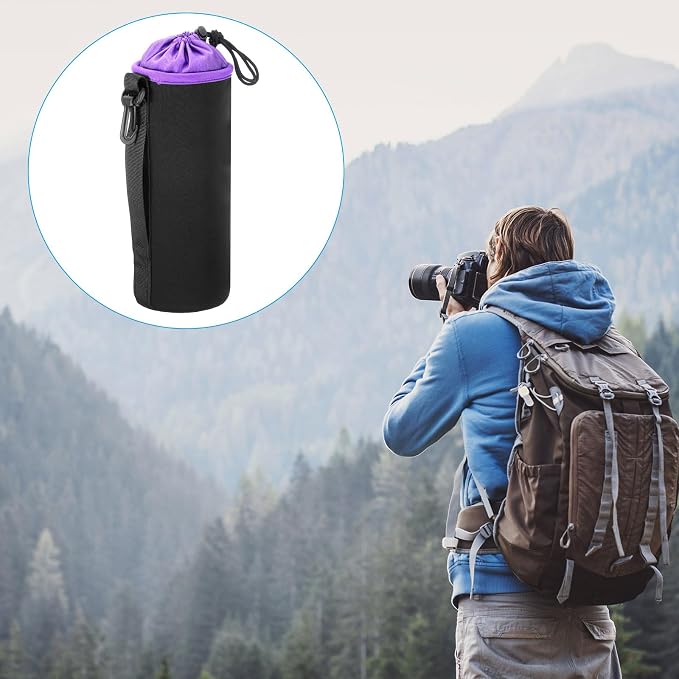 PATIKIL Camera Lens Bag, 2 Pcs 3.7" ID x 9.8" H Cylindrical Drawstring Lens Pouch with Thick Protective Neoprene, Lens Case for DSLR Camera Lens, Water Coffee Cups Black, Purple - Image 7