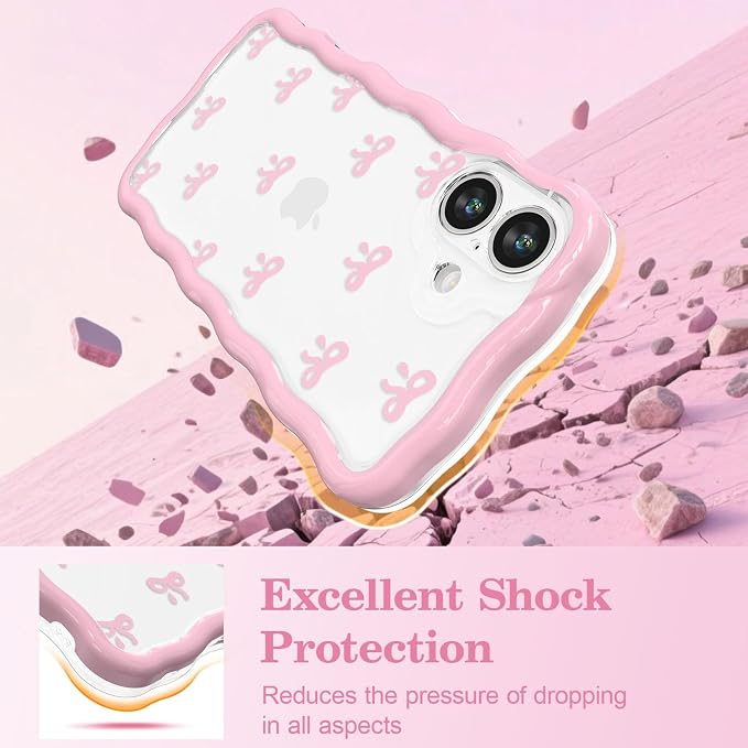 QLTYPRI for iPhone 17 Pink Bow Case, Clear Cute Pink Ribbon Bow Phone Case Curly Wavy Aesthetic Phone Cover, Soft Slim Transparent TPU Shockproof Protective Cover for Women Girls - Tiny Bow - Image 4