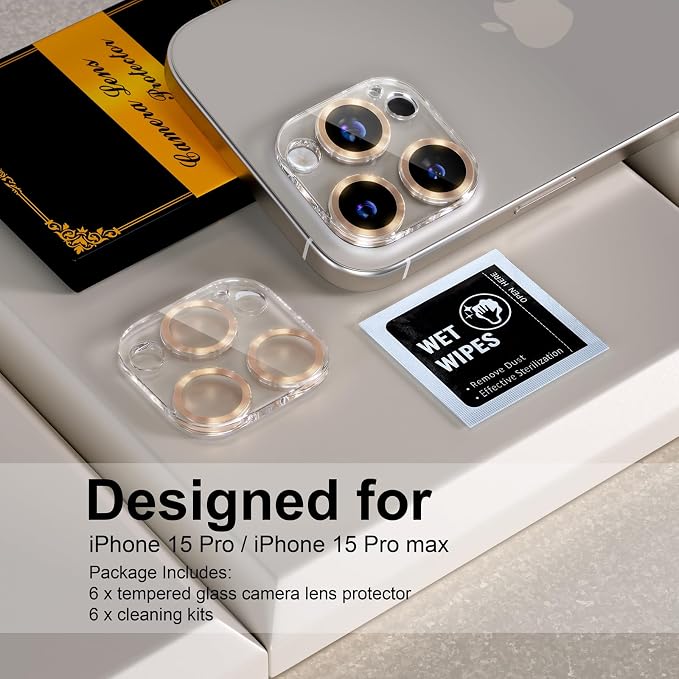 for 6 Pack iPhone 15 Pro/iPhone 15 Pro Max Camera Lens Protector [Drop Protection] [Case Friendly] [Easy Installation] 9H Tempered Glass Camera Screen Protector Cover, CD Gold - Image 2