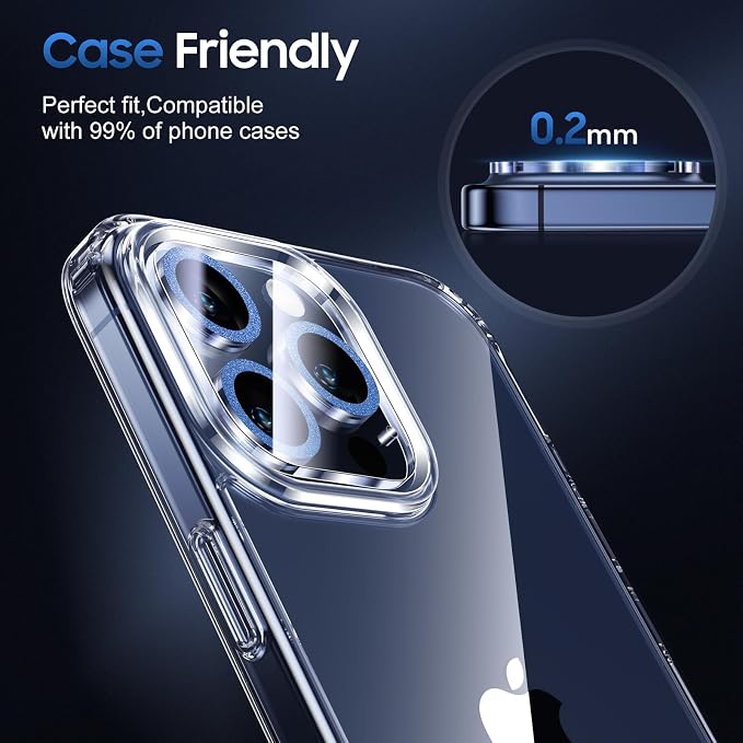 UniqueMe for iPhone 15 Pro/15 Pro Max Camera Lens Protector-Glitter Blue | 3 Pack, Drop Protection, Case Friendly, 9H+ Tempered Glass, Camera Cover Screen, Update New Version - Image 7