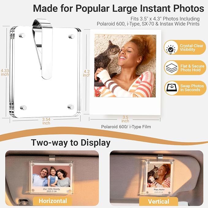 Large Car Photo Holder 2 Pack for Sun Visor & Air Vent | Magnetic Acrylic Picture Frame Fits 3.5" x 4.3" Photos, Compatible with Polaroid 600, i-Type, SX-70 & Instax Wide Prints - Image 2