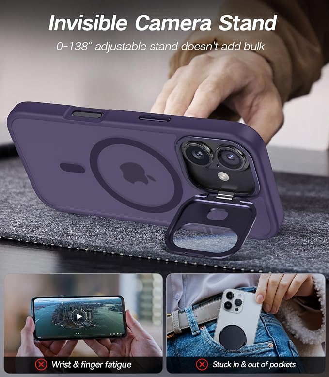 VOFATA [Upgraded] for iPhone 16 Case with Camera Cover Stand [Fit for MagSafe][9H Camera Lens Protector] Mil-Grade Protection Translucent Matte Silicone Magnetic iPhone 16 Phone Case, Purple - Image 3