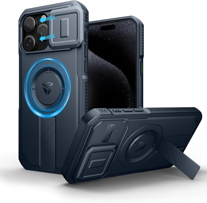 Dexnor for iPhone 15 Pro Max Case with Slide Camera Cover & Adjustable Kickstand, Compatible with MagSafe, Rugged Shockproof Bumper Cases Heavy-Duty Magnetic Protective Cover,6.7 inch,Navy Blue by Dexnor