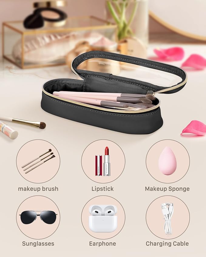 Soimeat Clear Travel Makeup Brush Holder, Leather Makeup Brush Toiletry Bag, Portable Cosmetic Brush Case, Transparent Waterproof Makeup Brush Storage Bag, Black - Image 2