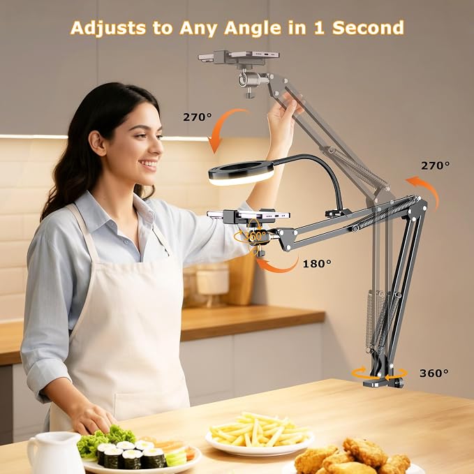 Overhead Camera Mount with Ring Light, Flexible Articulating Phone Arm Stand Compatible with iPhone, Logitech Webcam, Desk Tripod for YouTube Live Stream Cooking Nail Video Recording - Image 7