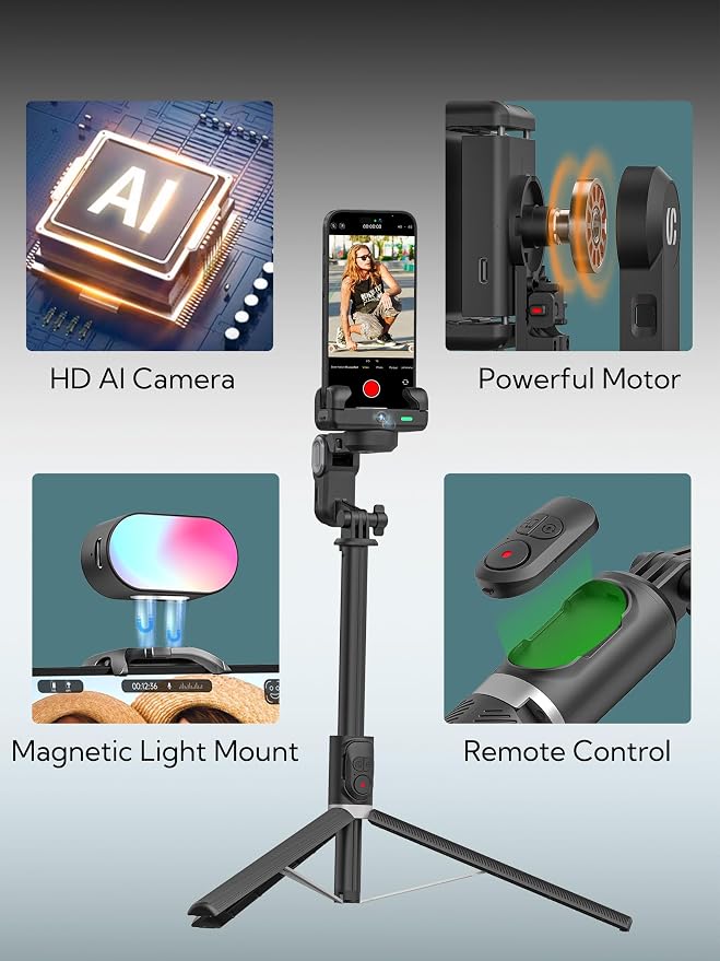AOCHUAN 59'' Face Tracking Tripod, Phone Gimbal with RGB Light(M2PRO Black) | Selfie Stick for iPhone, Phone Tripod with Light, Content Creator Essentials for Video Recording, Tiktok, and Live Streaming - Image 6