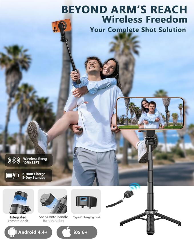 Tripod for iPhone, 3-in-1 Magnetic Pocket Selfie Stick Tripod with Remote, 360° Rotation Portable Cell Phone Tripod Stand, Extendable Mini Tripod for iPhone Magsafe (Magnetic Mount) - Image 8