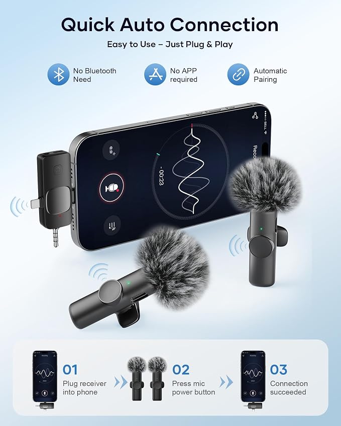 Wireless Microphone for iPhone iPad Android Phone and Camera, 2 Pack Wireless Lavalier Lapel Mic with Noise Reduction, 3 in 1 Mini Microphone for Video Recording Interview Podcast YouTube TikTok Vlog - Image 2