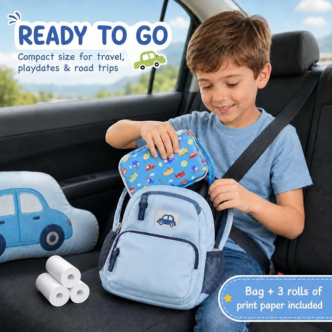 Kids Instant Print Camera Case & 3 Rolls for DYLANTO for ESOXOFFORE | Portable Digital Camera Case for ETIKEZ for YTETCN for DUDUDRAGON with Pocket for Accessories (Box Only)-Blue Car - Image 8